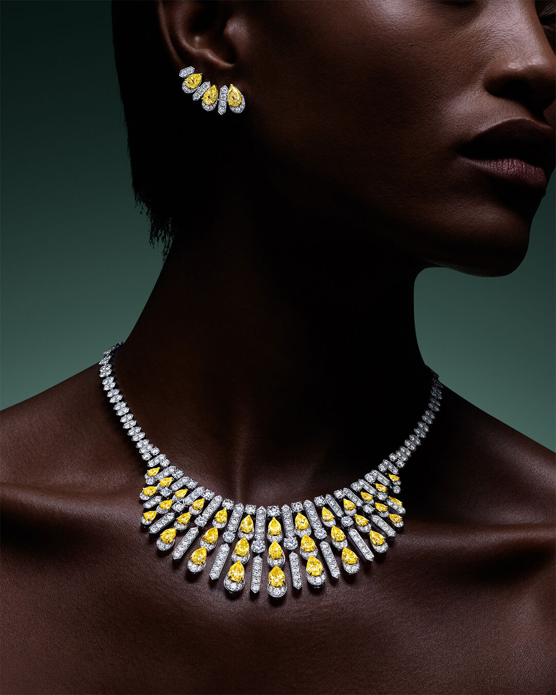Image of model wearing Graff Galaxia Yellow Diamond High Jewellery suite