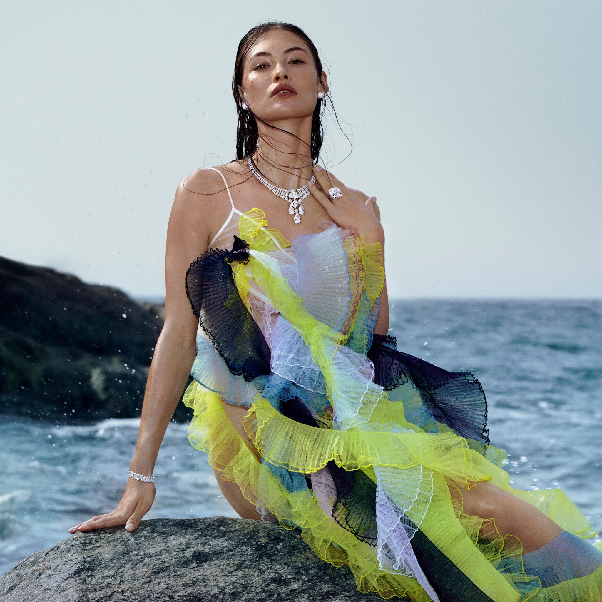 Model wears Graff High Jewellery Diamond Suite 