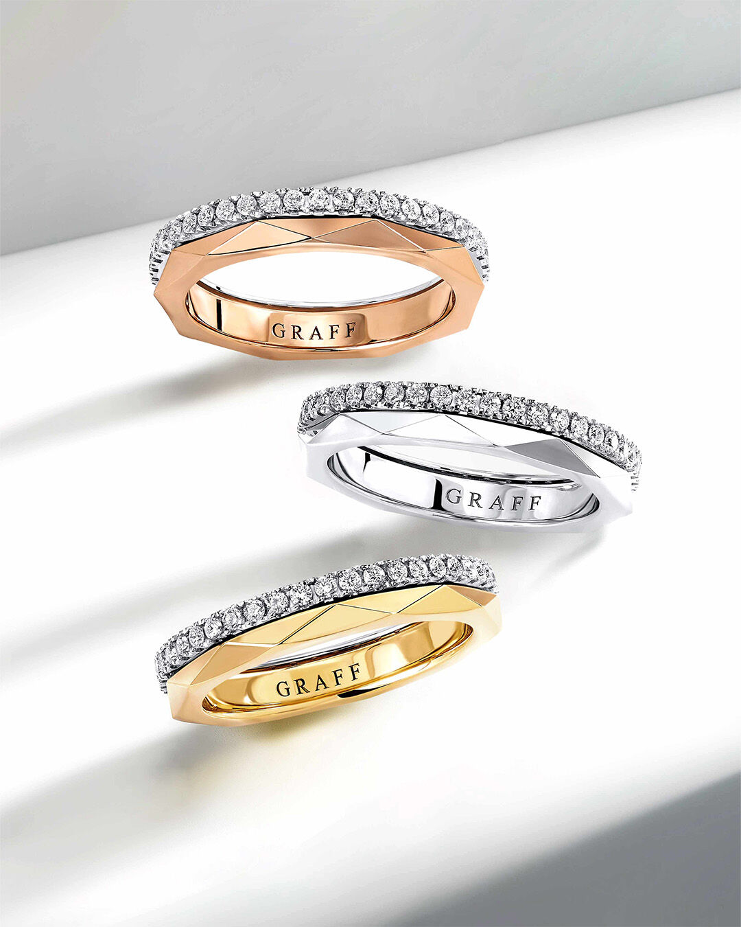 Laurence Graff Signature Collection - image shows Laurence Graff Signature Layered rings in Rose Gold, White Gold and Yellow Gold