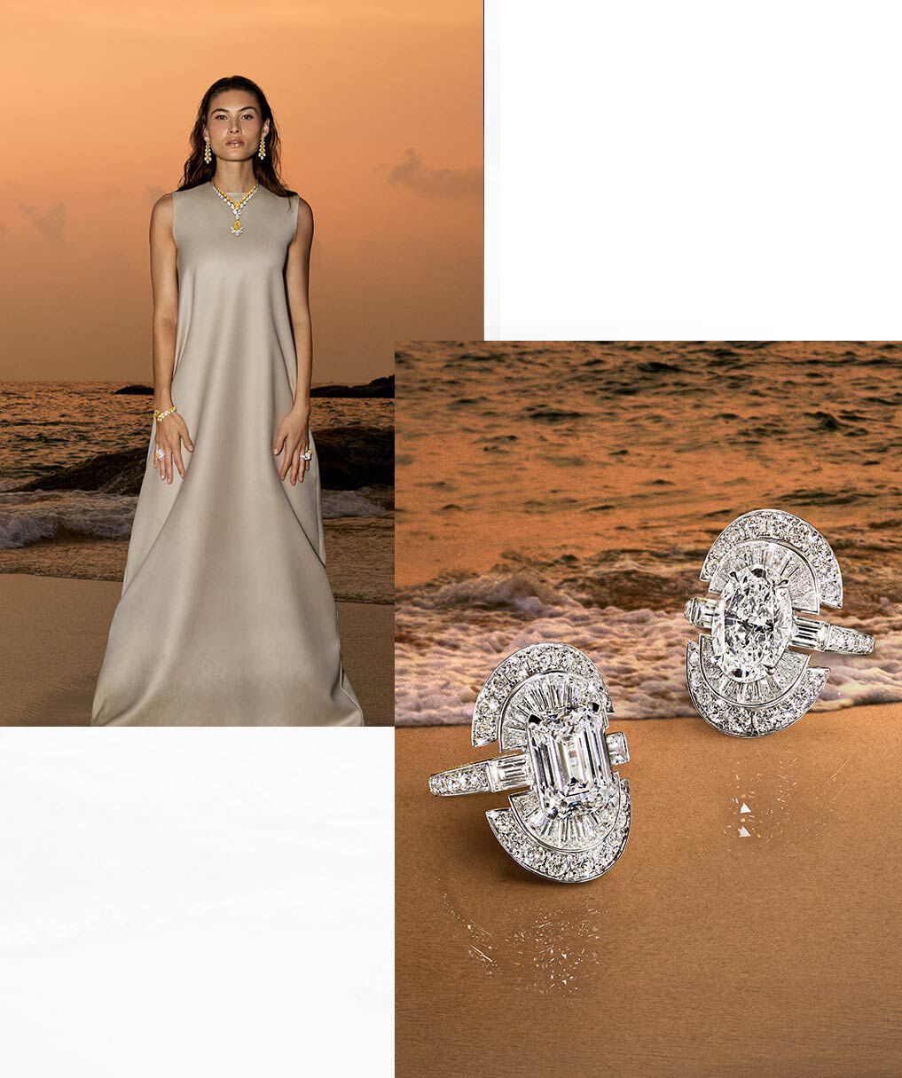 Side by side images of Model wearing Graff Yellow and White Diamond suite on beach and two high jewellery diamond rings on beach