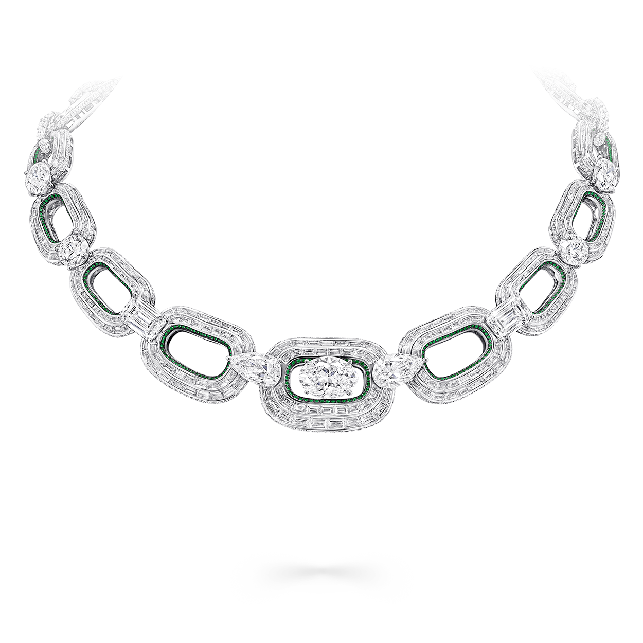 Image shows Graff White Diamond and Emerald High Jewellery necklace