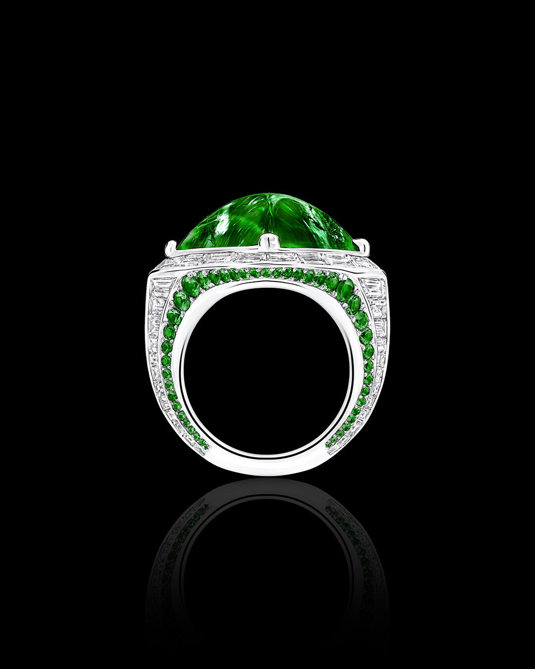 Image of Graff Emerald and White Diamond Solitaire ring, side view 
