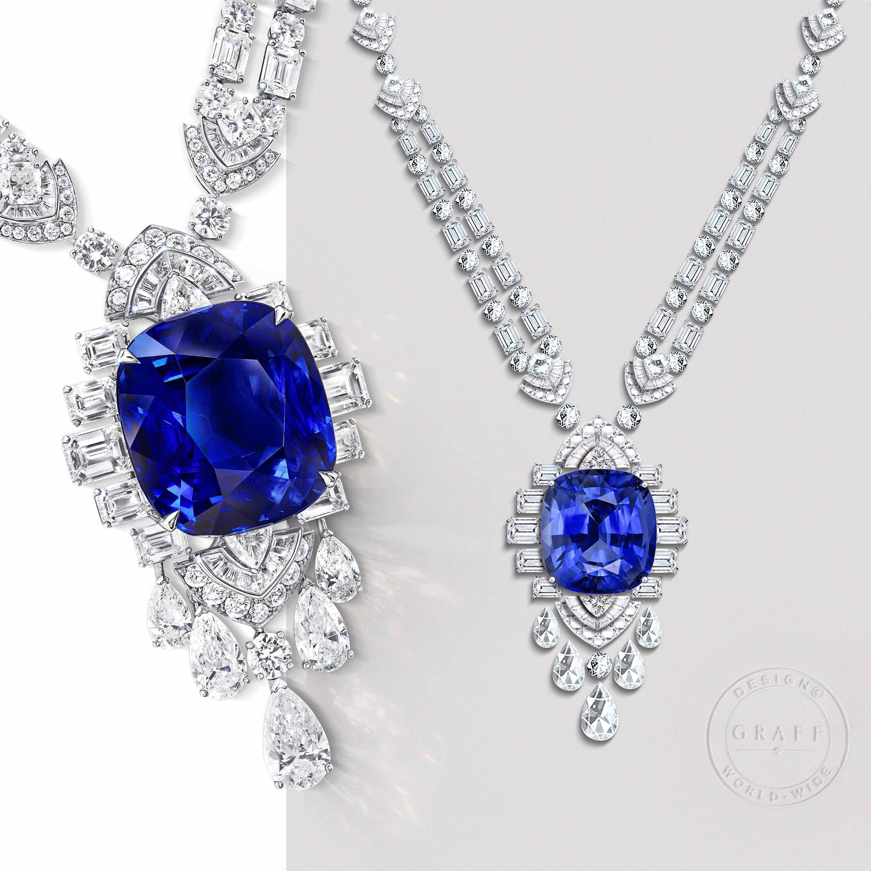 Image and drawing of Graff sapphire and white diamond high jewellery necklace