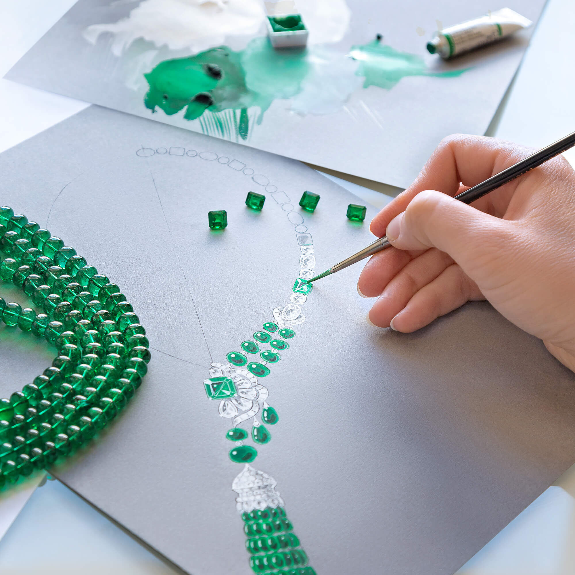 Graff Designer sketches a Graff high jewellery necklace made of emeralds and diamonds. 