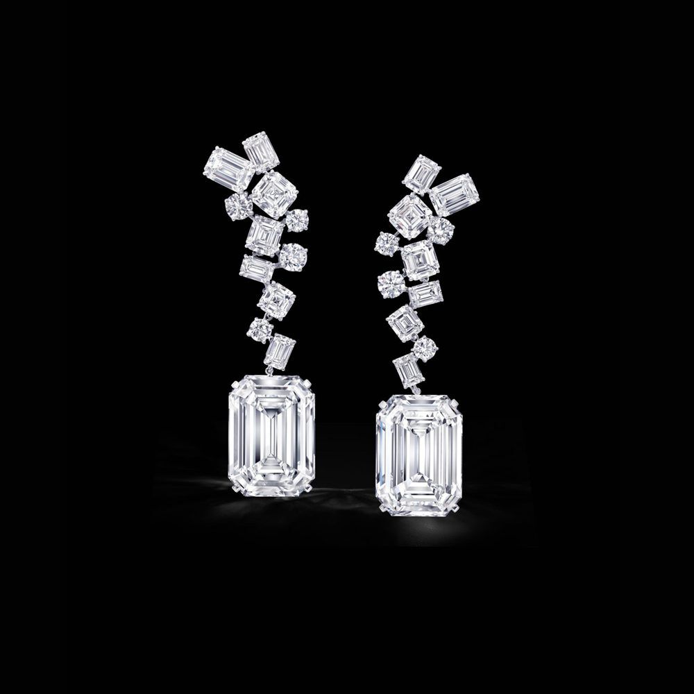 Earrings featuring The Eternal Twins, a pair of identical 50 carat D Flawless emerald cut diamonds