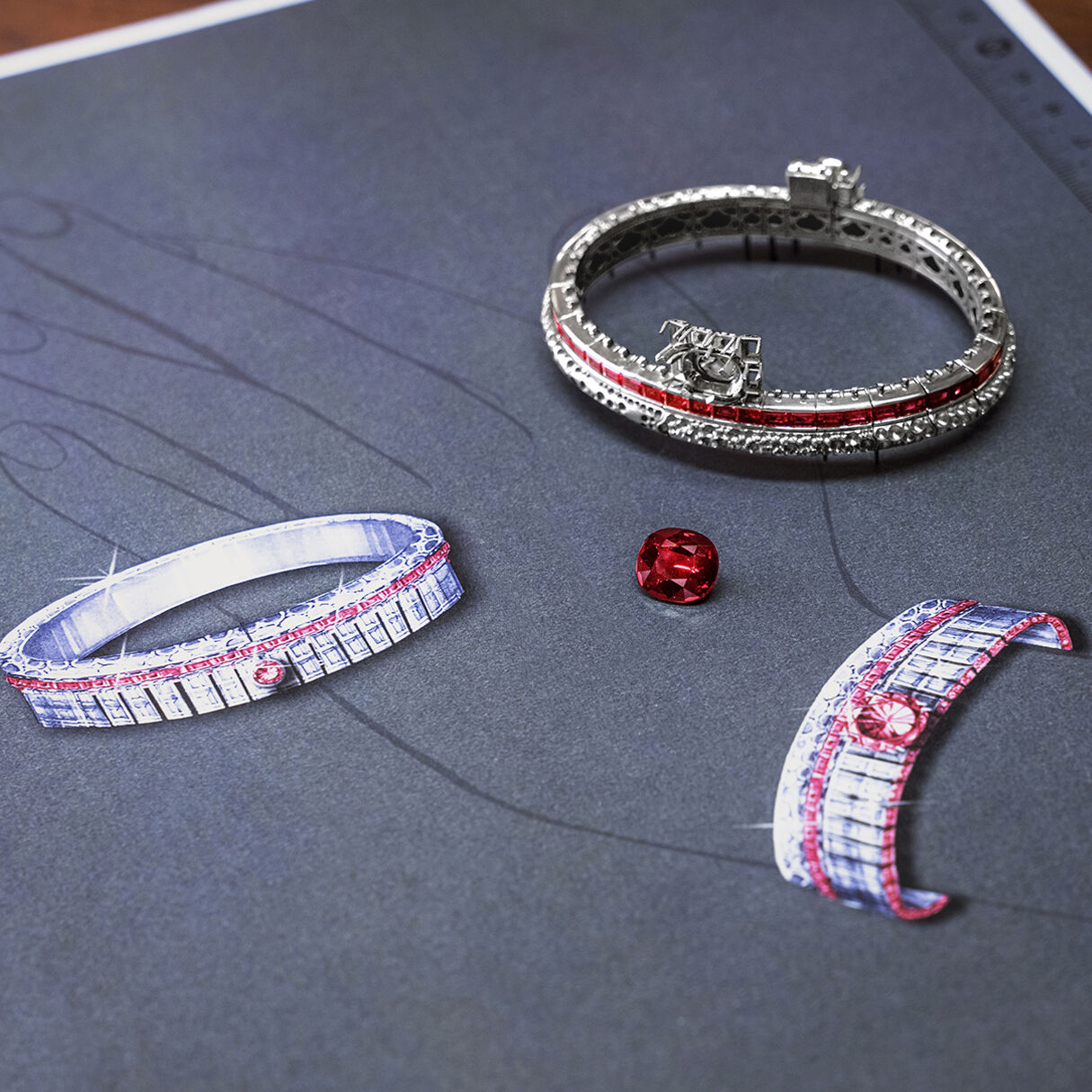 Part constructed bangle and loose Ruby gemstone seen on top of gouache of Ruby and White Diamond high jewellery bangle
