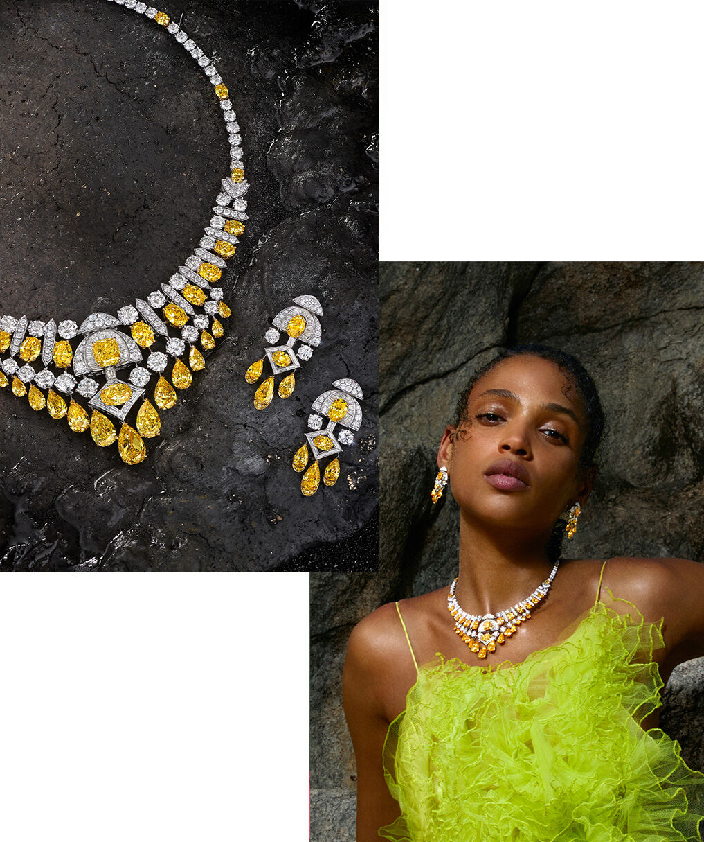 Side by side image of Graff High Jewellery Yellow and Diamond Necklace and Earrings and Model wearing Graff Yellow and Diamond Necklace and Earrings