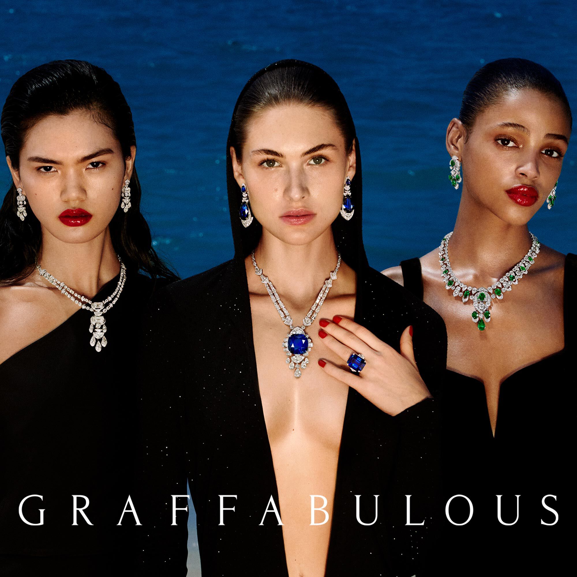Models wear Graff sapphire, emerald and white diamond high jewellery suites