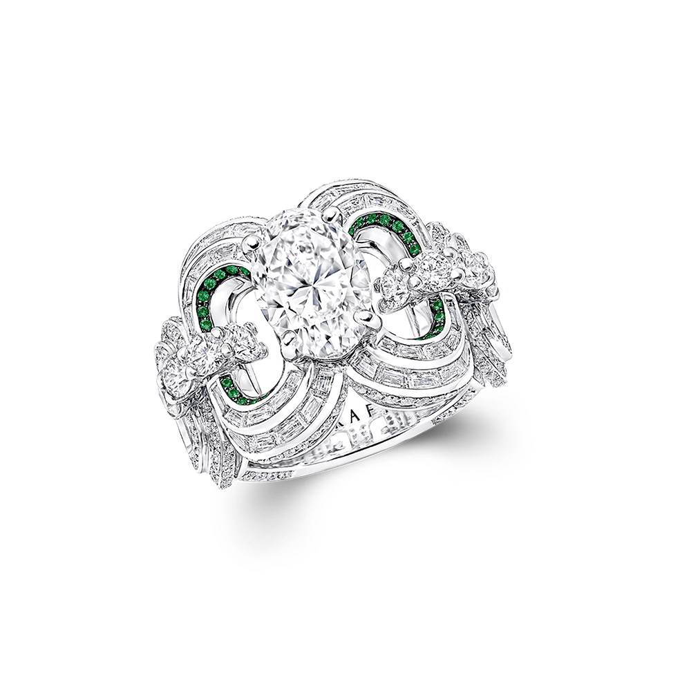 Image shows Graff White Diamond and Emerald Ring