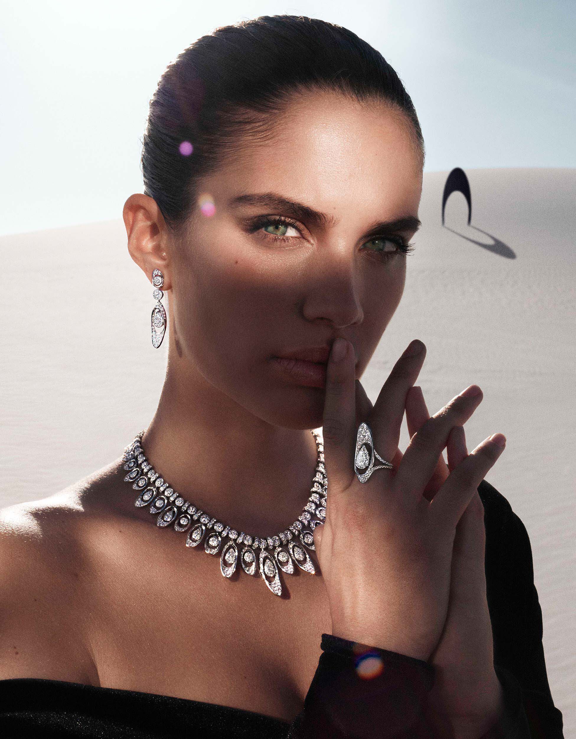 Model wears Graff Gateway diamond jewels from the Tribal collection in  a dessert