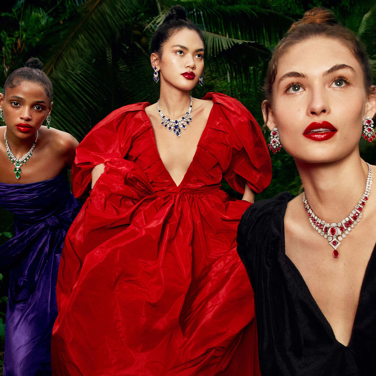 Models wearing Graff Emerald, Sapphire, Ruby and White diamond high jewellery suites