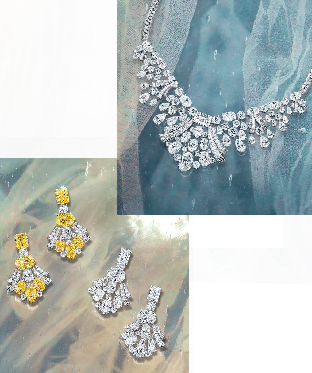 Two side by side images of Graff High Jewellery Yellow Diamond and White Diamond Earrings and Graff High Jewellery White Diamond necklace 