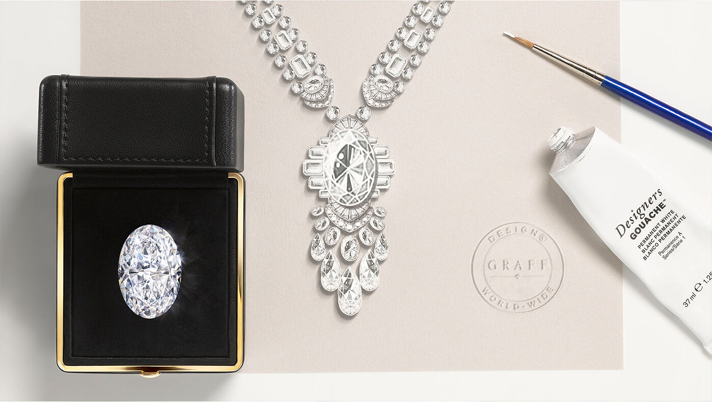 Image of Graff High Jewellery emerald and white diamond necklace in Graff London workshop