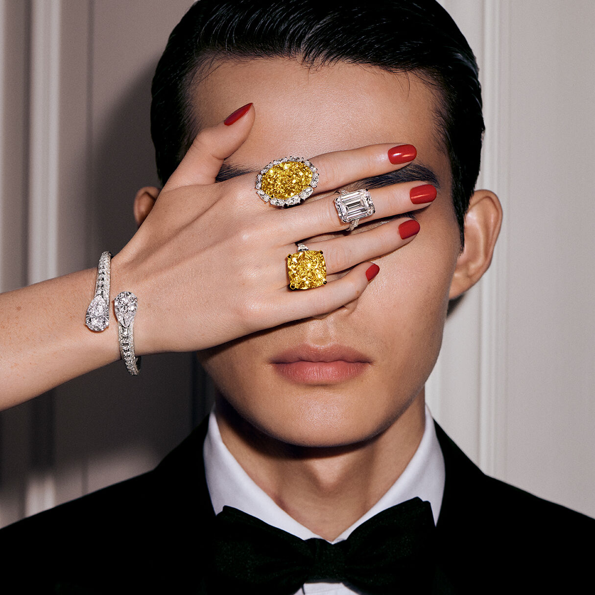 Graff Festive High Jewellery campaign image shows male model with female model hand wearing Graff High Jewellery rings and bracelet covering male models eyes