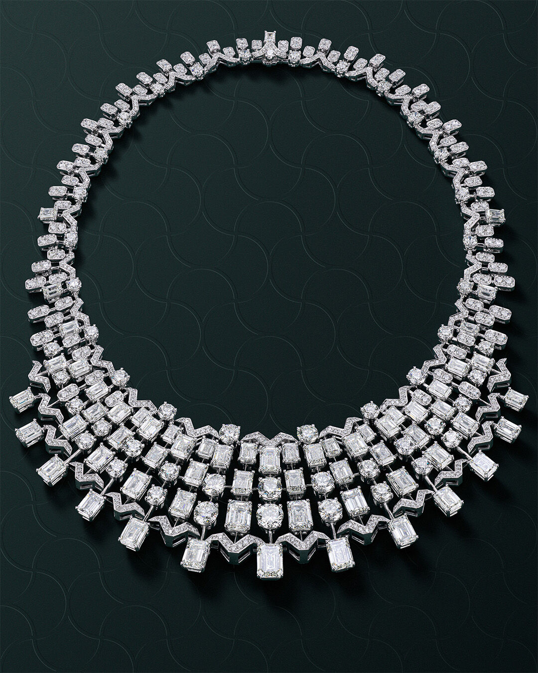 Image shows Graff White Diamond High Jewellery necklace, crafted with 65.89 carats of emerald cut and round diamonds. 