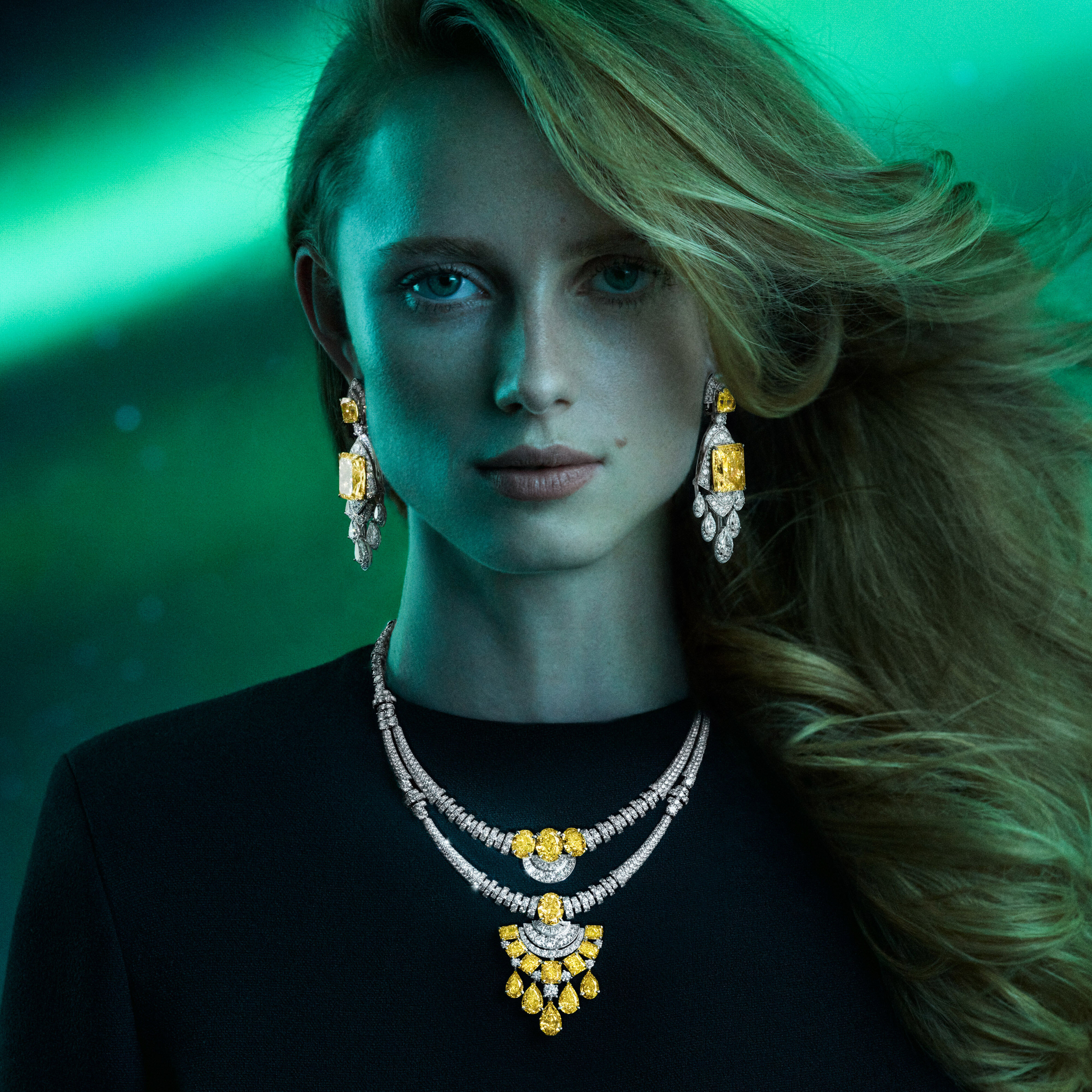 Image of model wearing Graff Galaxia Yellow Diamond High Jewellery suite