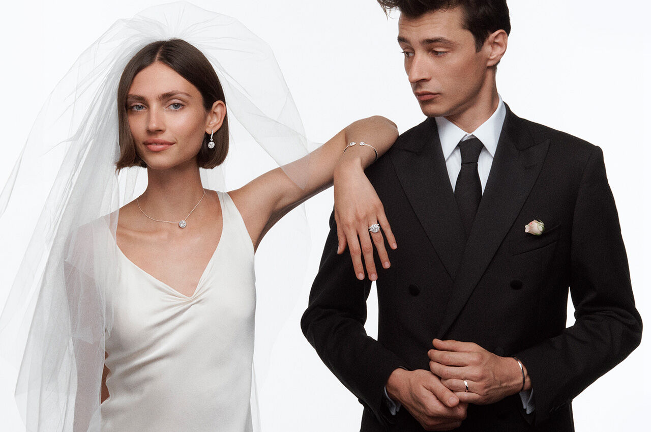 Female and male model wearing Graff Icon Jewellery and Laurence Graff Signature Jewellery