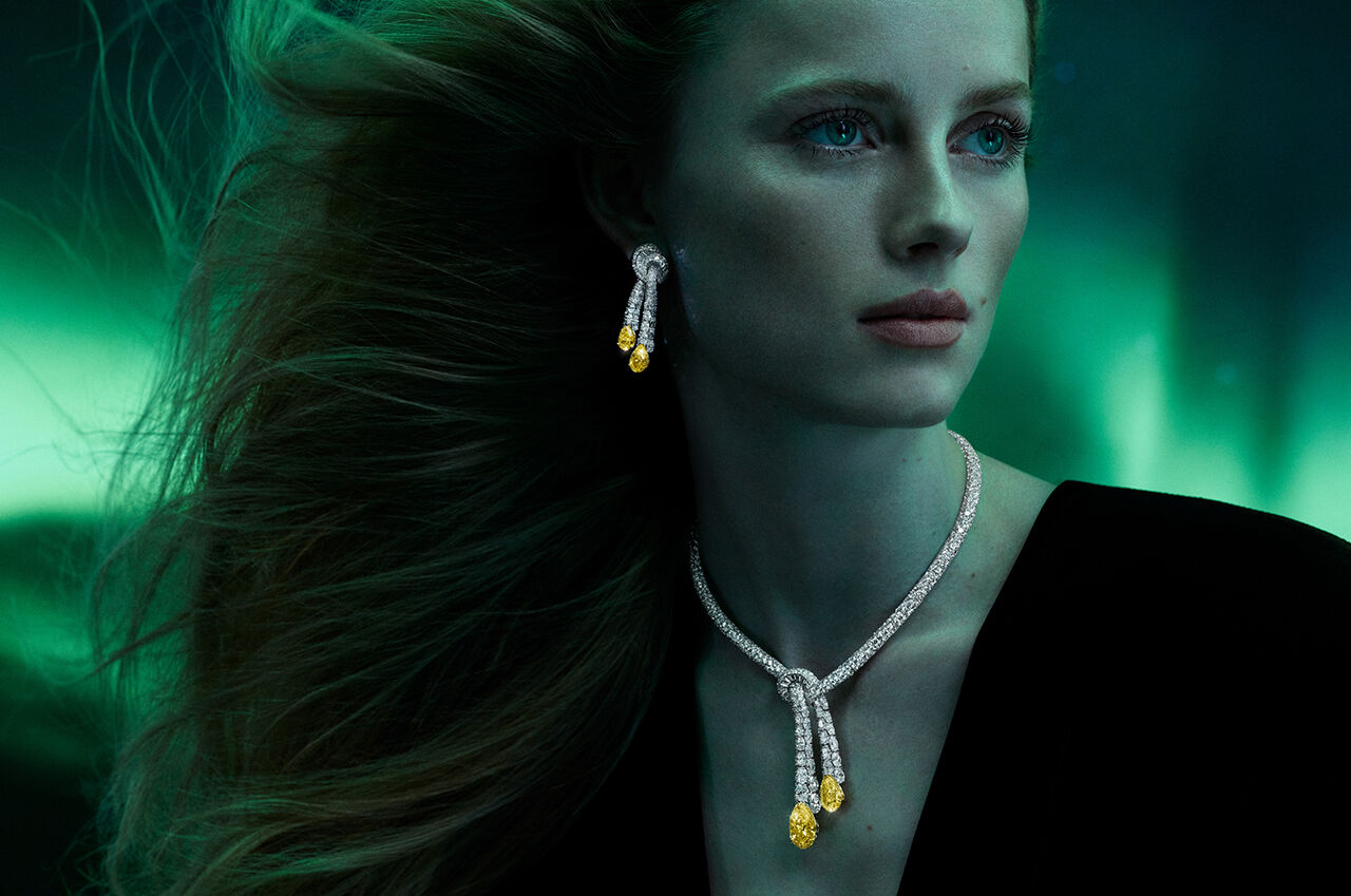 Discover Graff Yellow Diamond High Jewellery, model wears Graff Yellow Diamond High Jewellery Suite