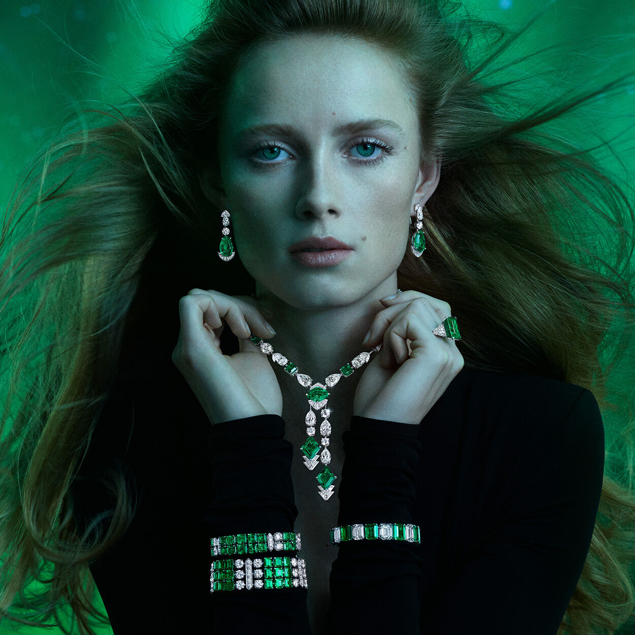 Model wears Graff Emerald High Jewellery from the Galaxia campaign.