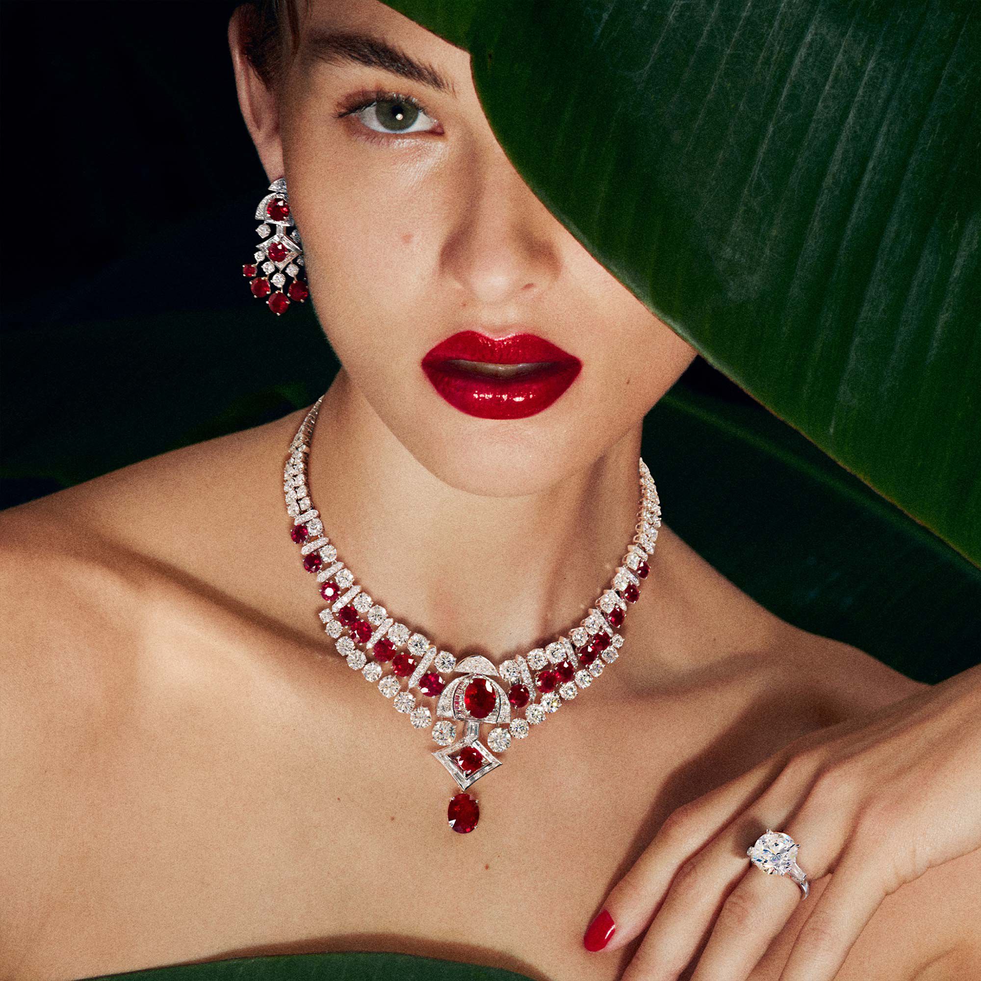 Model wears a Graff ruby and white diamond high jewellery necklace