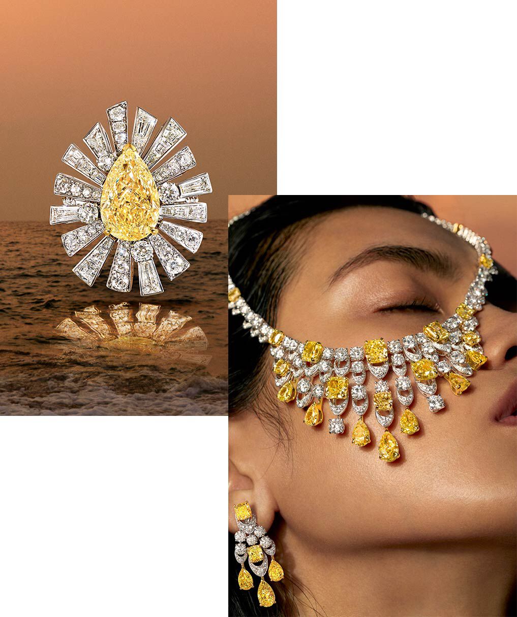 Side by side images of Yellow and White Diamond Graff High Jewellery brooch and model wearing necklace and earring