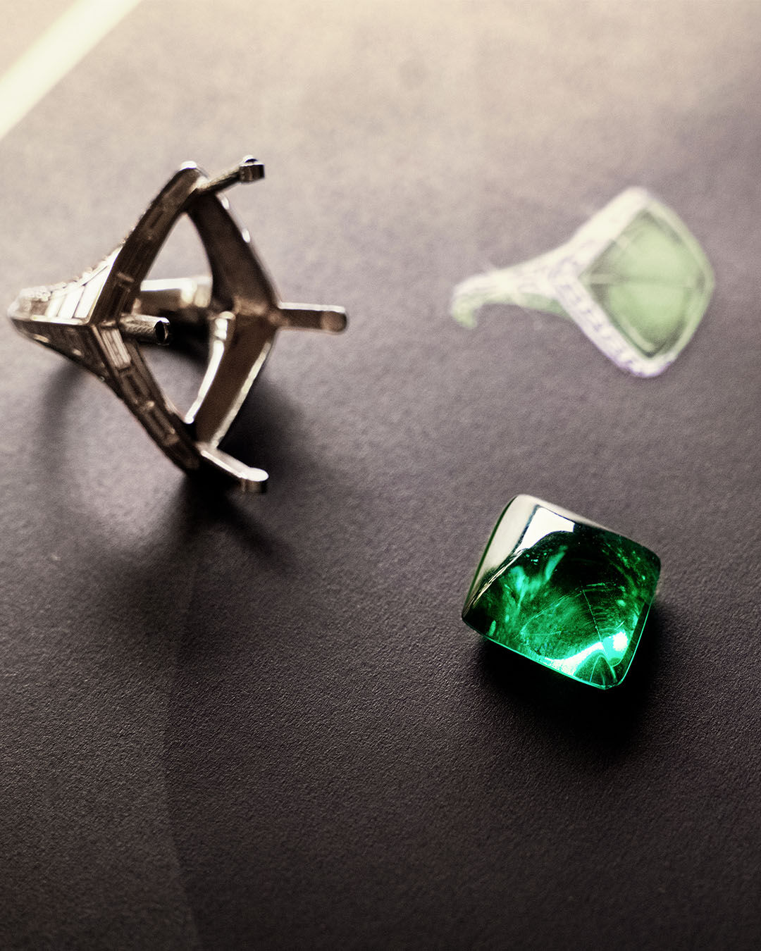 Image of Graff Emerald and White Diamond Solitaire ring being assembled in Graff workshop