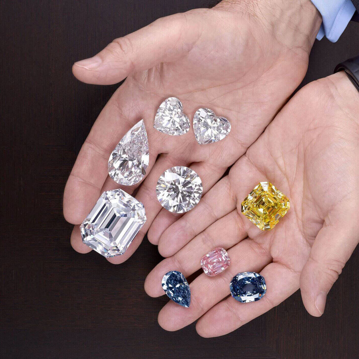 Close up of famous diamonds in the hands of Mr Laurence Graff OBE