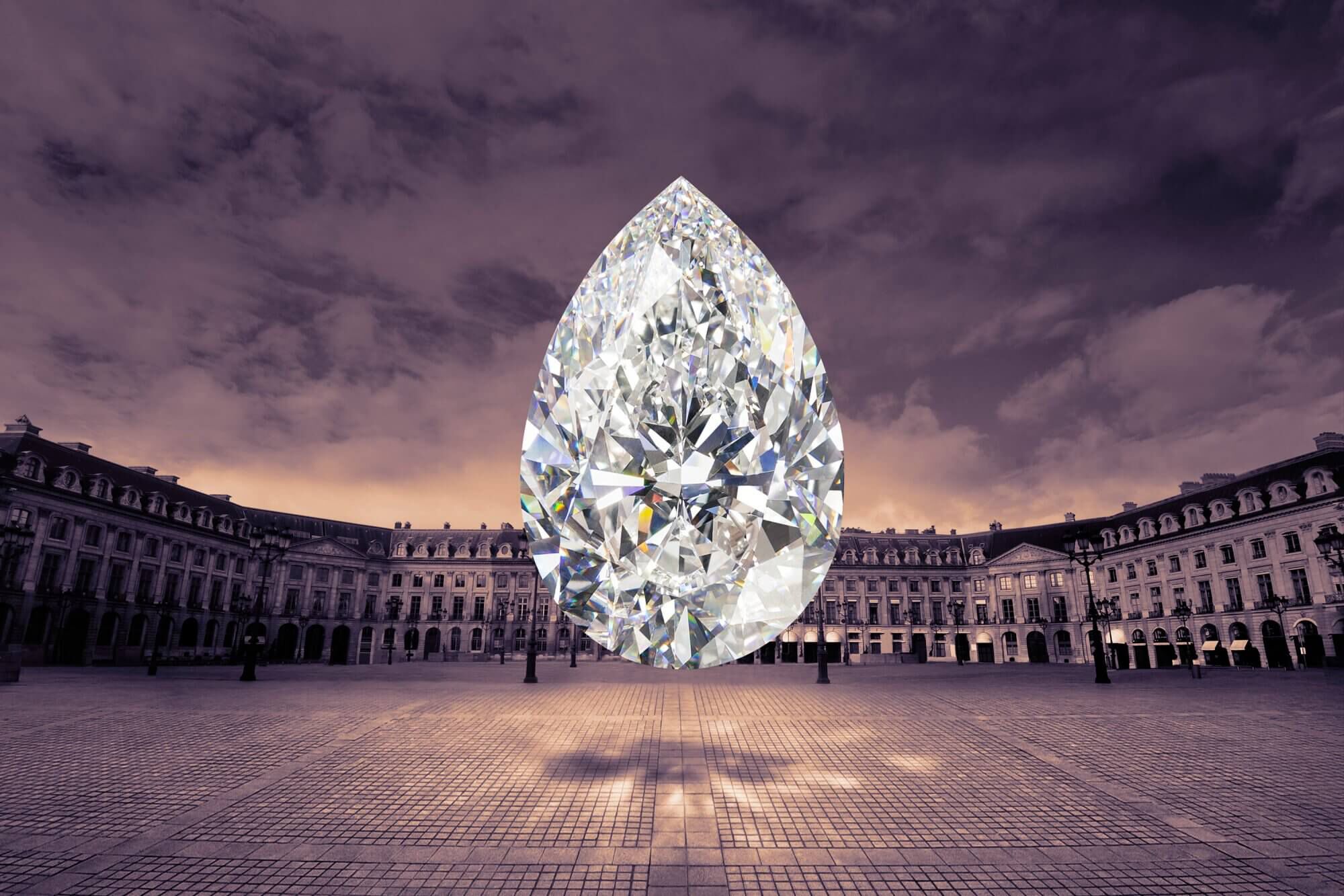 The Graff Vendôme pear shape famous diamond with the Place Vendôme in Paris, France as the background