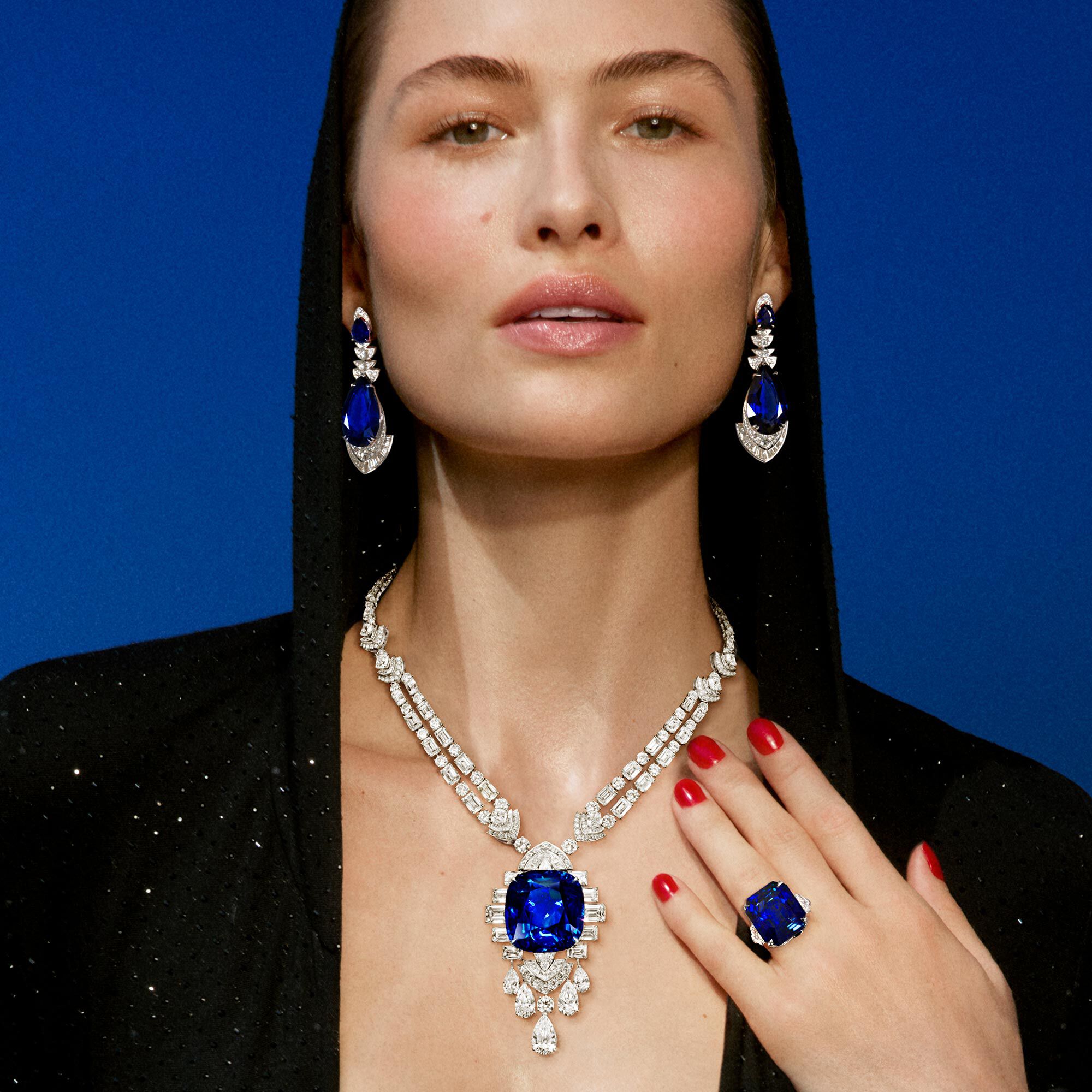 Model wears Graff Sapphire and Diamond High Jewellery suite 