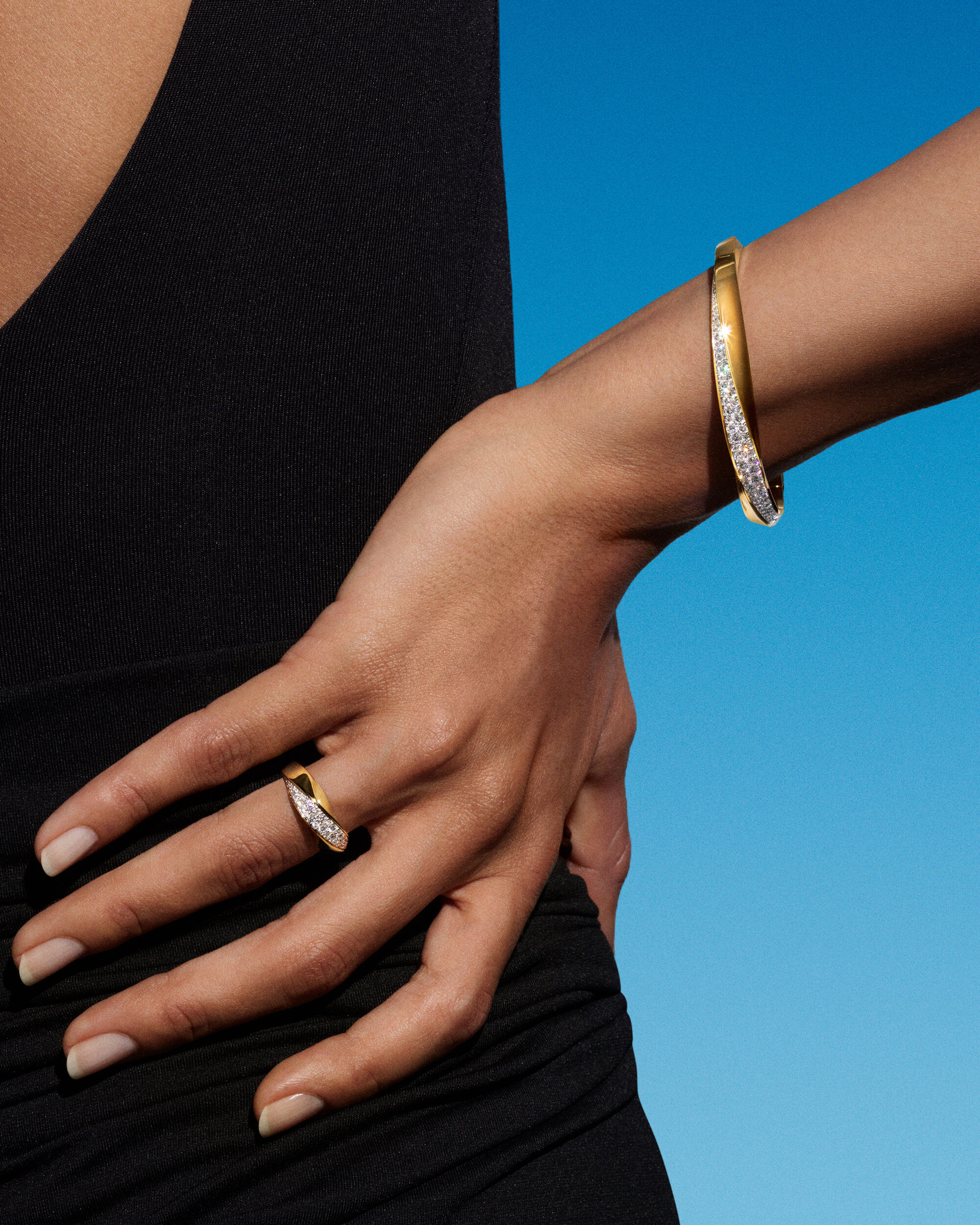 Model wears diamond jewellery from the Graff Spiral collection