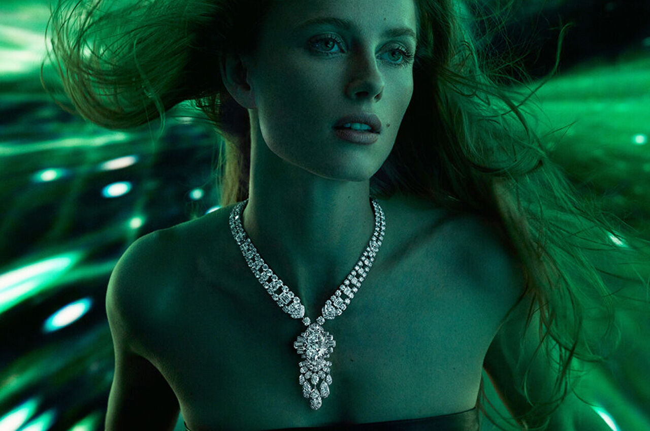 Discover Graff White Diamond High Jewellery, model wears Graff White Diamond High Jewellery necklace