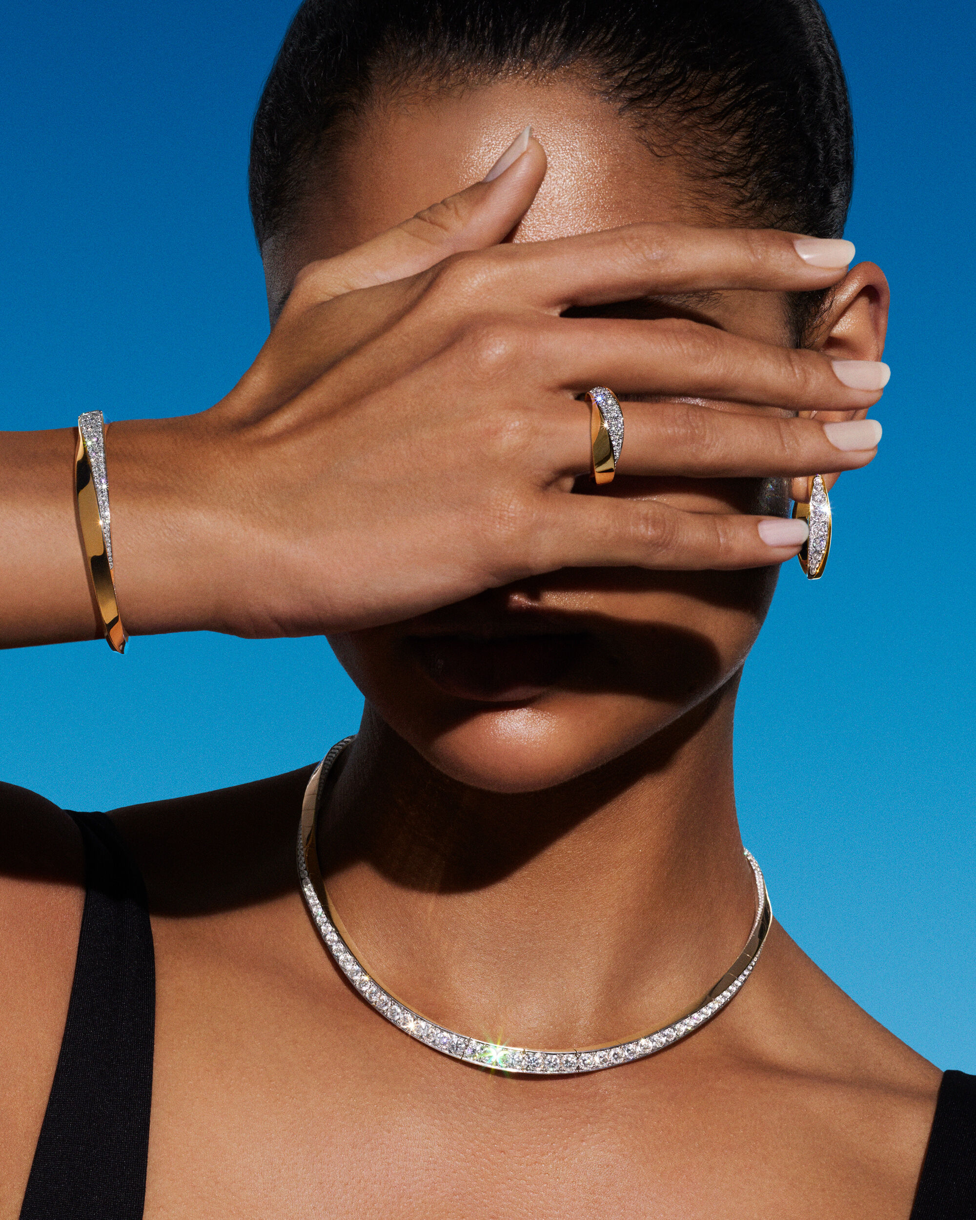 Model wears diamond jewellery from the Graff Spiral collection