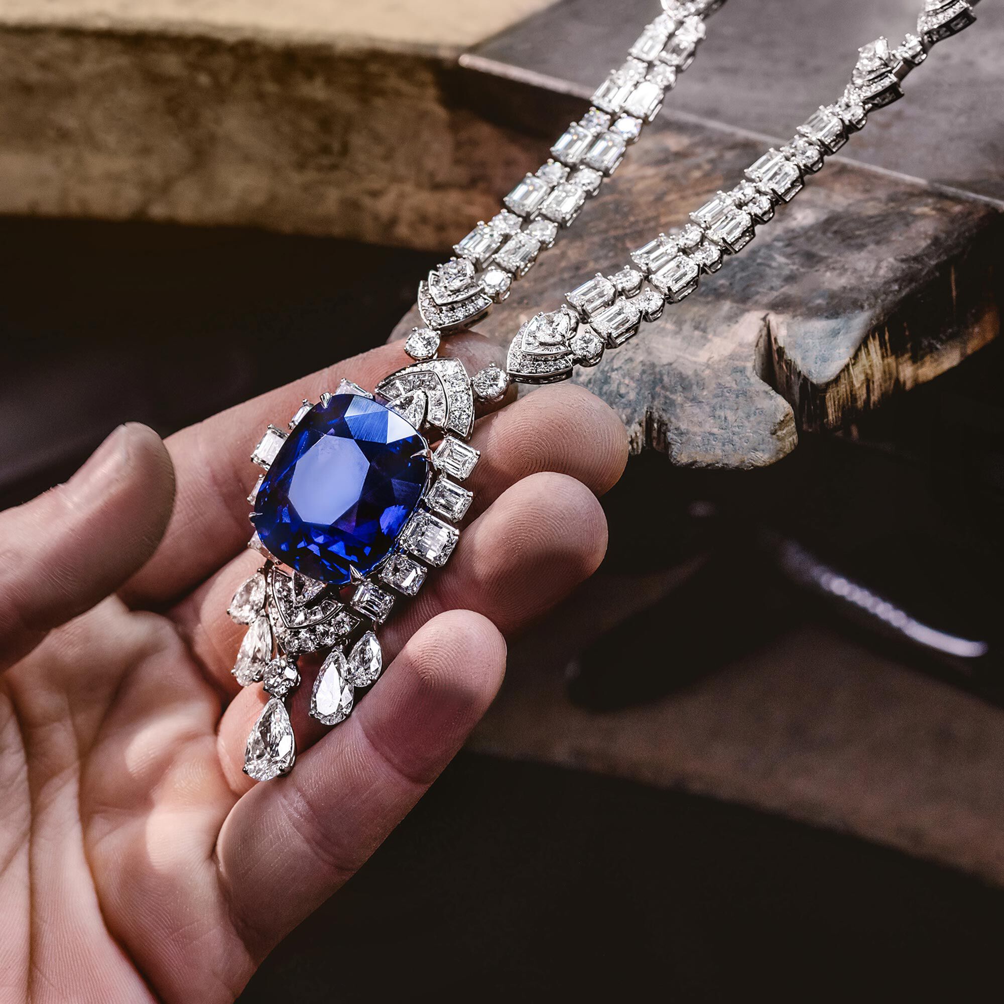 Craftsman creating Graff Sapphire and Diamond High Jewellery Necklace in workshop