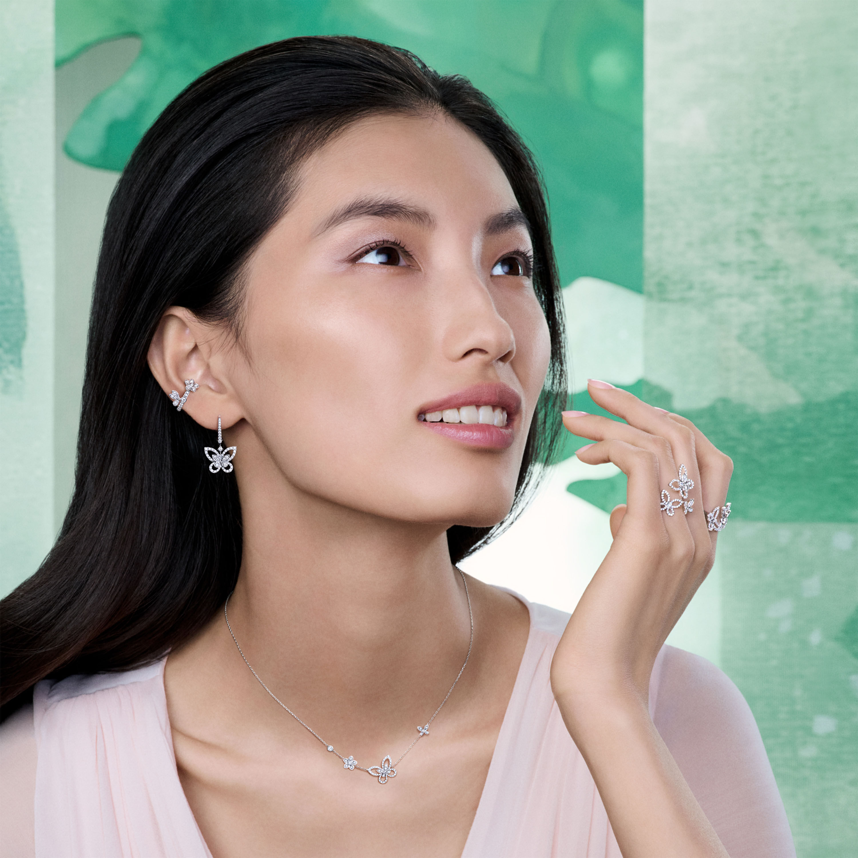 Image shows model wearing Graff Butterfly Diamond Jewellery