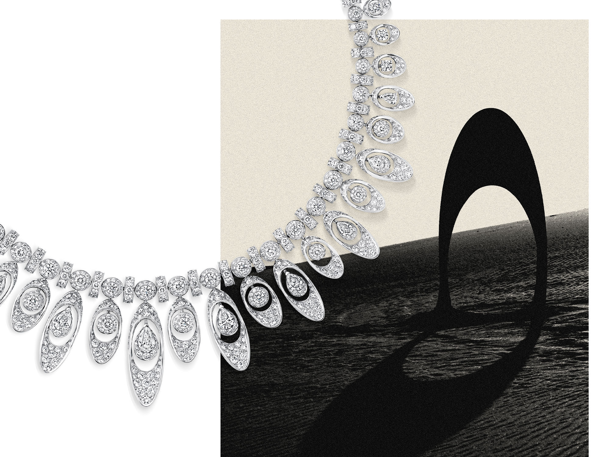 Model wears Graff Gateway diamond jewels from the Tribal collection in a dessert