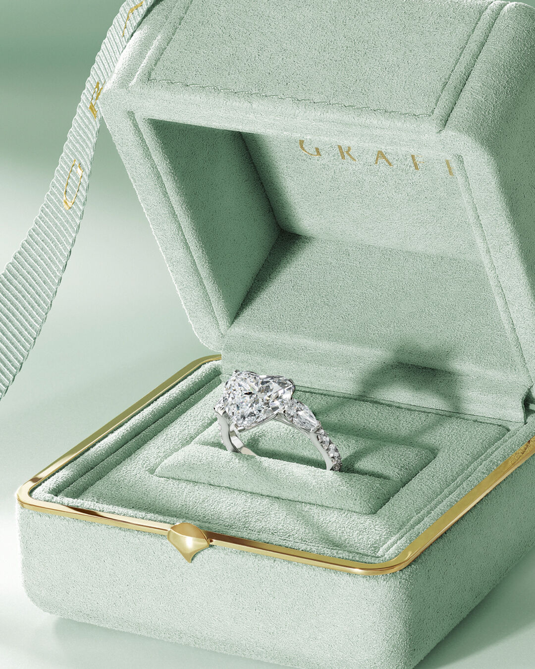 Engagement rings - image shows Heart Shape diamond engagement ring in Graff ring box 