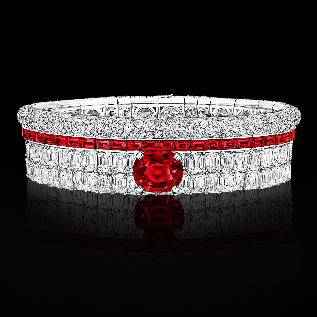 Image of completed Graff Ruby and White Diamond High Jewellery bangle