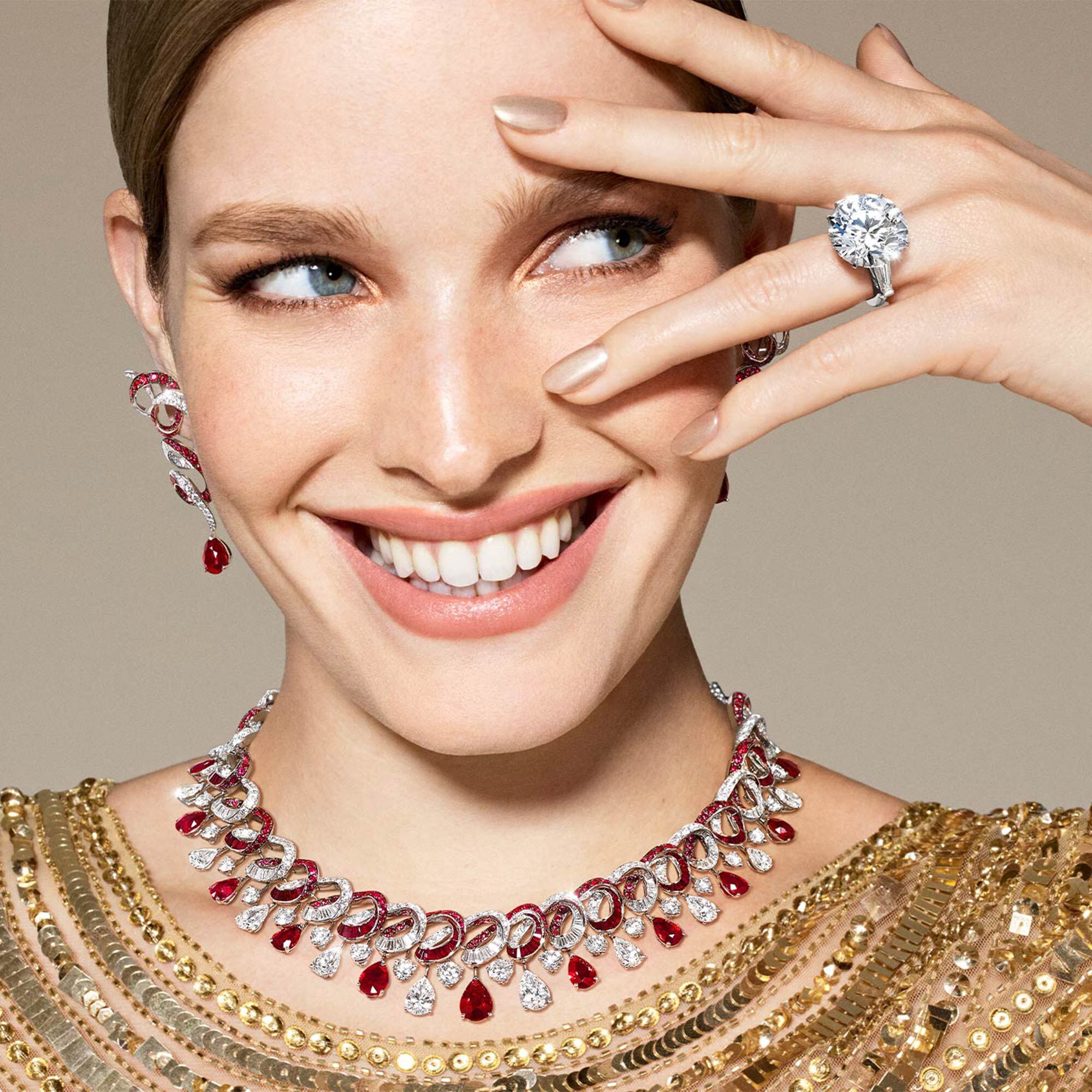 Model wears Graff ruby and white diamond high jewellery