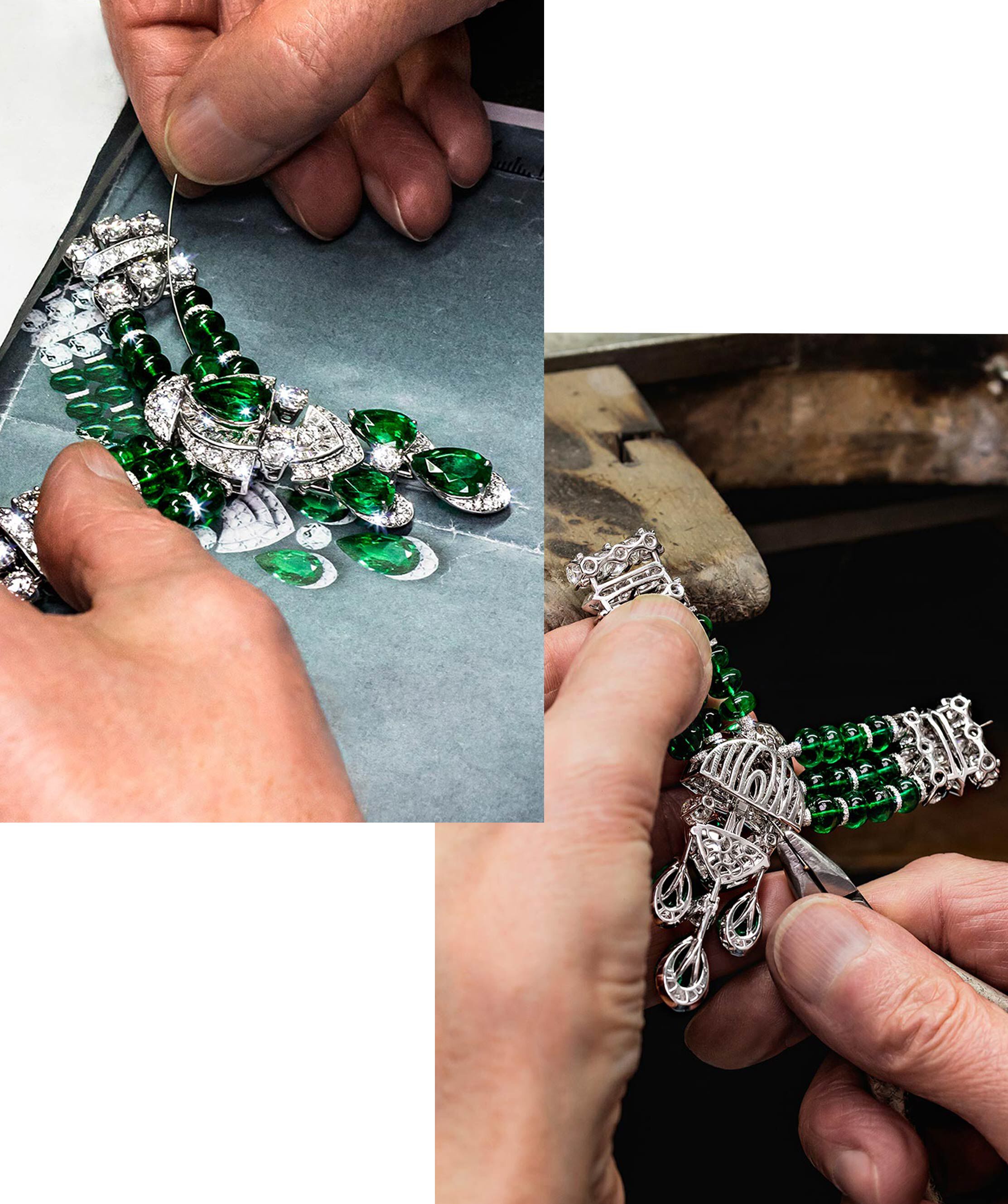 Craftsman creating Emerald and Diamond Graff High Jewellery Necklace