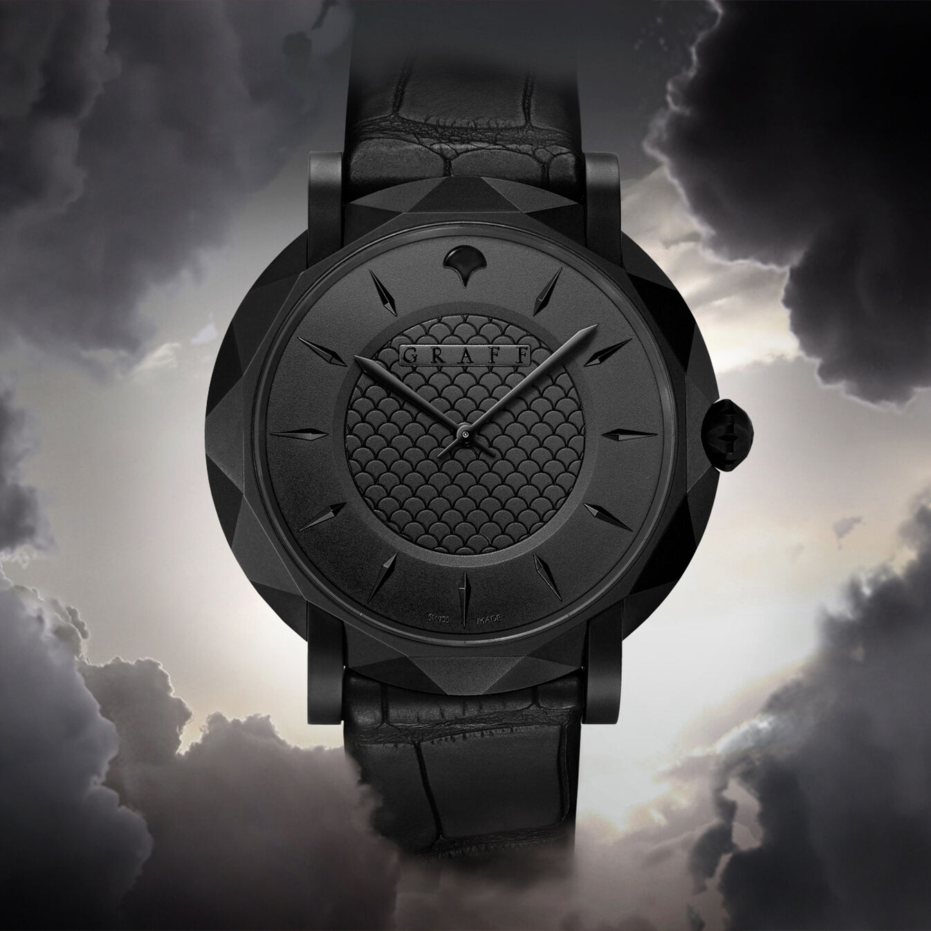 Graff Eclipse watch on a grey cloudy background
