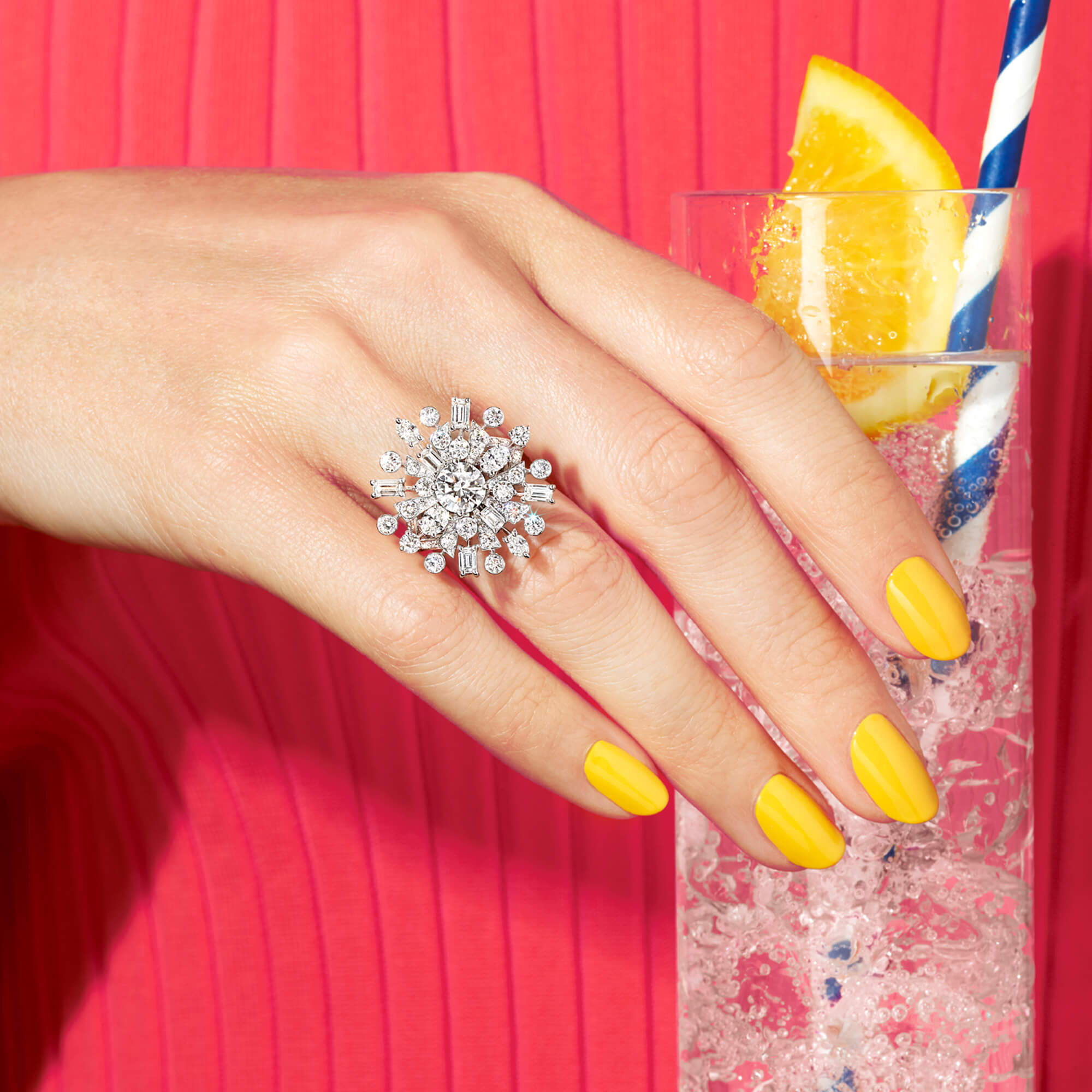 Close up of a model wearing a Graff Solar Collection Diamond Ring