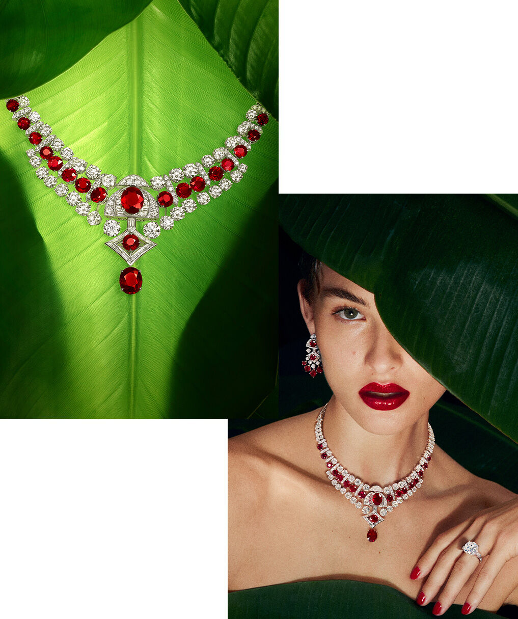 Side by side images of Graff high jewellery Ruby and White diamond necklace and model wearing Graff high jewellery ruby and diamond suite