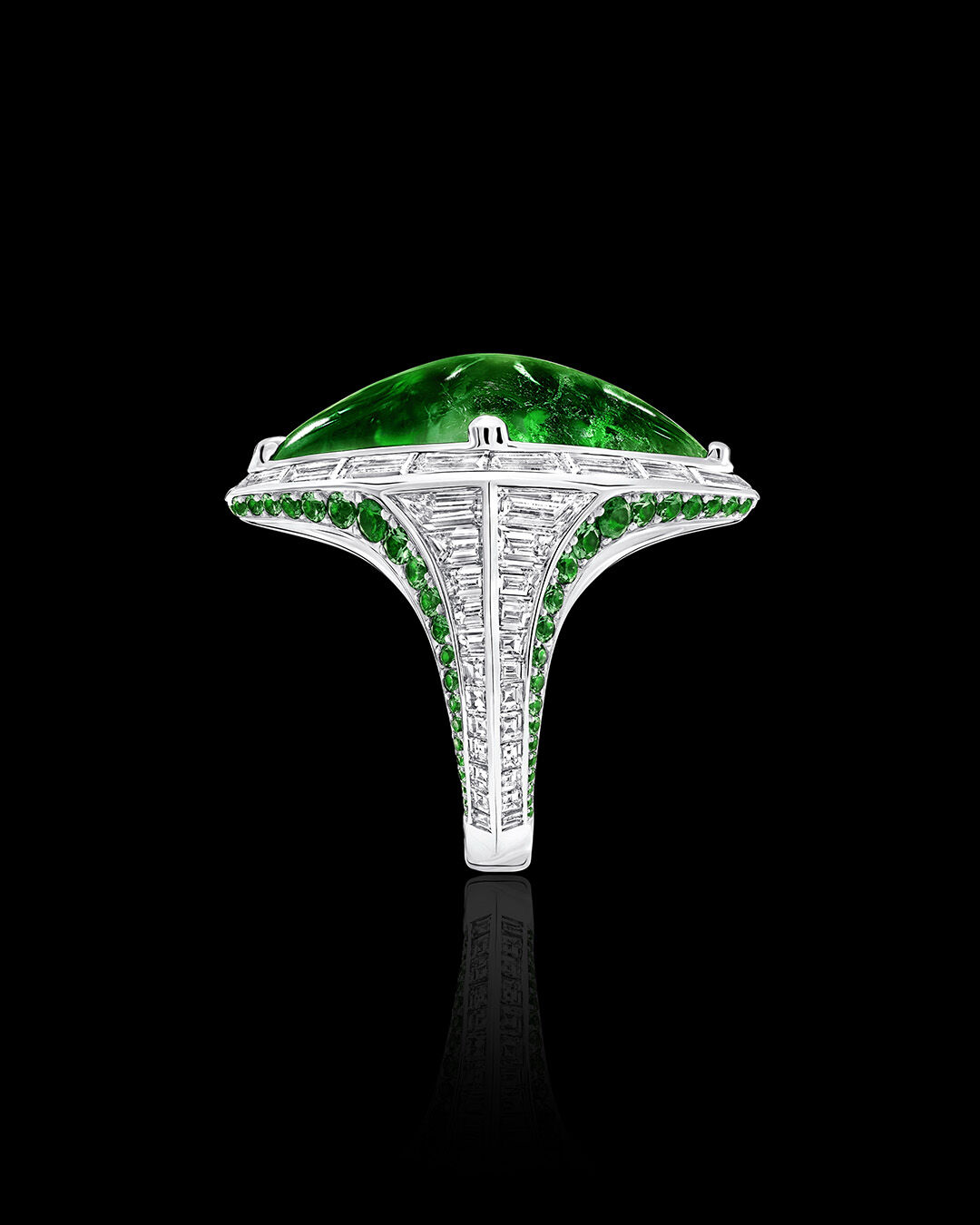 Image of Graff Emerald and White Diamond Solitaire ring, side view 