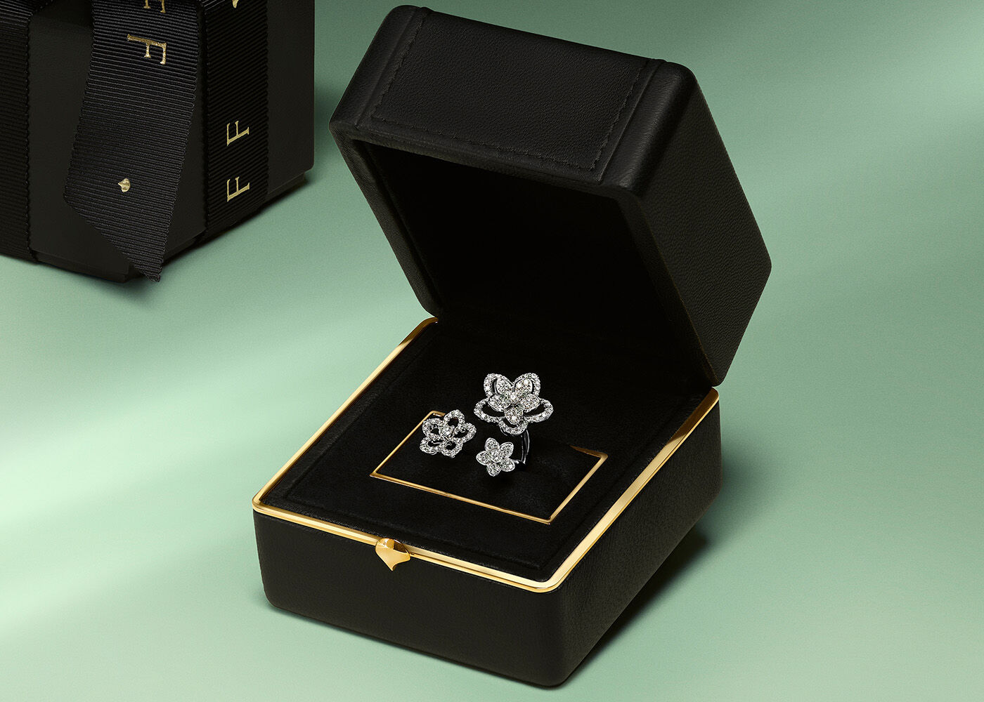 Gifts for Her - image shows Graff Wild Flower Diamond ring in Graff Ring Box