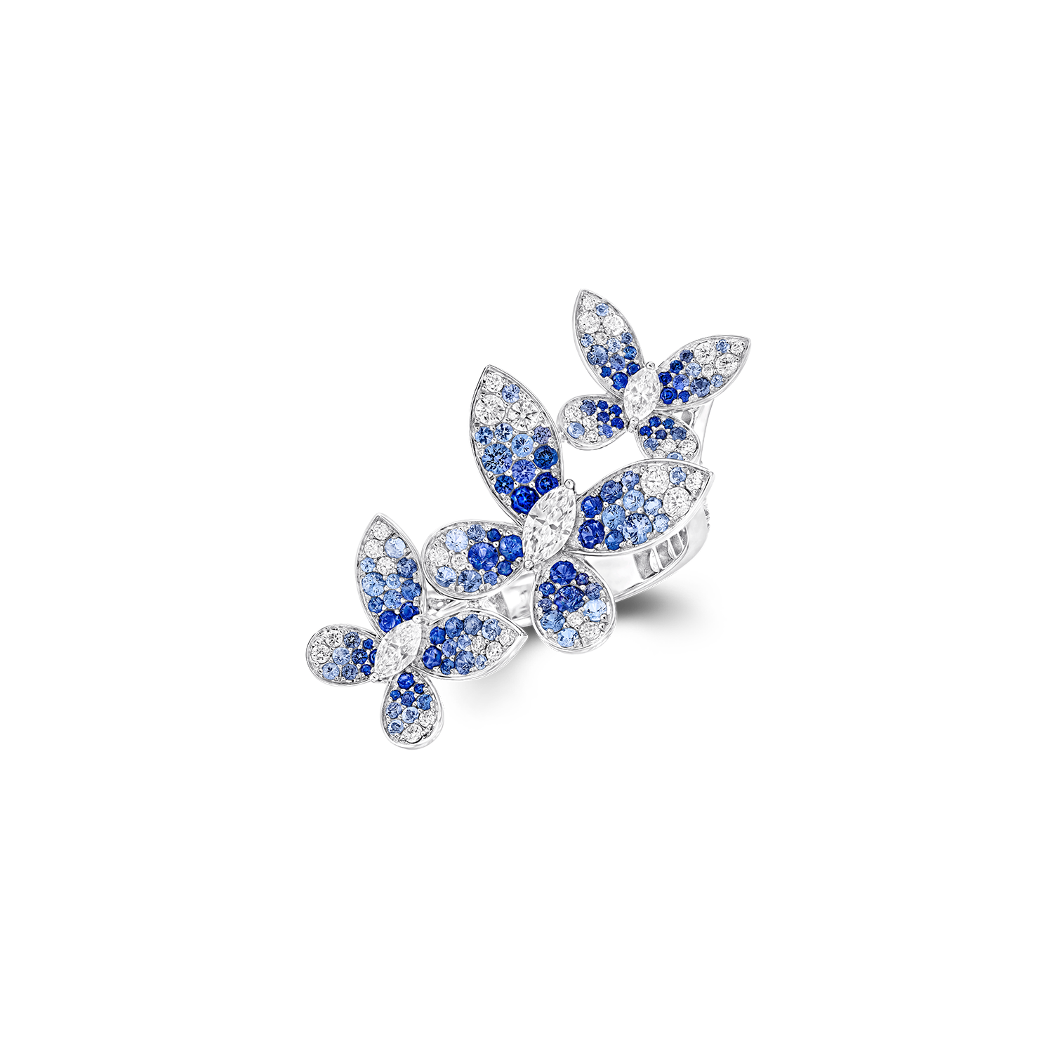 Triple Butterfly Sapphire, Paraiba Tourmaline and Diamond Ring