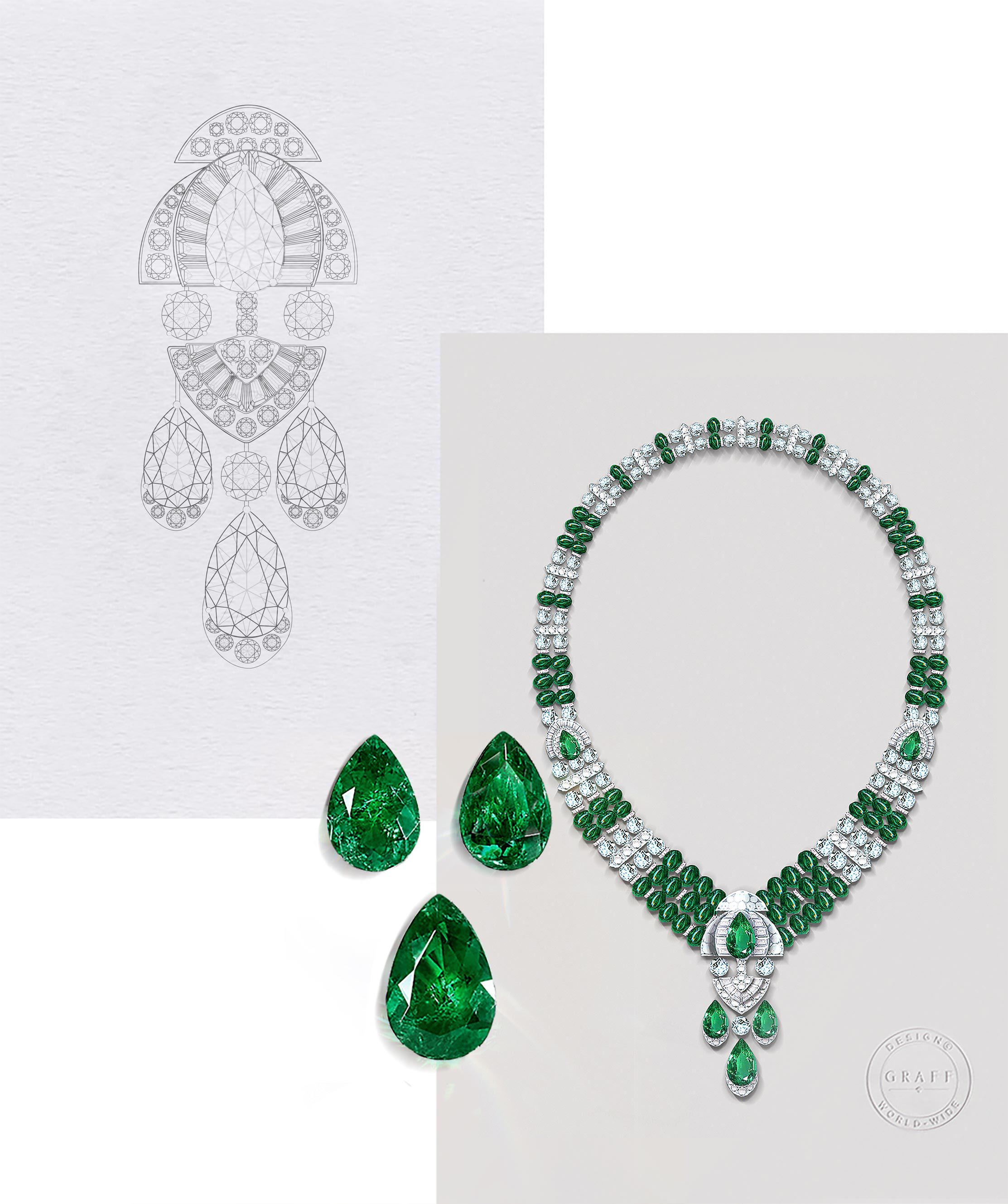 Drawing and painting of Graff High Jewellery Emerald and diamond necklace
