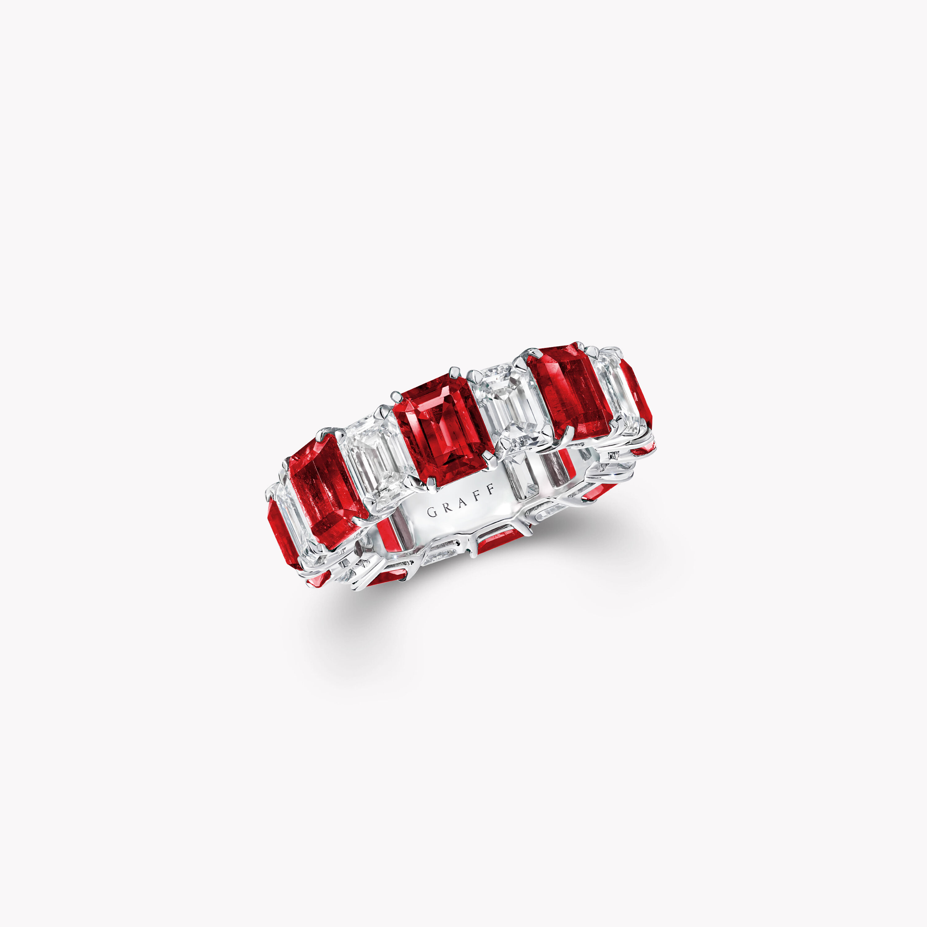 Emerald Cut Ruby and Diamond Wedding Band White Gold Graff