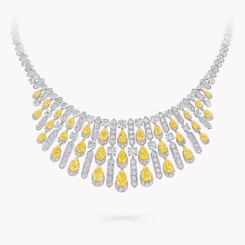 Yellow Pear Shape and White Round Diamond Necklace