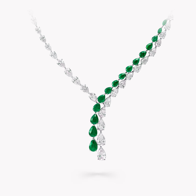 Pear Shape Emerald and Diamond Cross-over Necklace, , hi-res