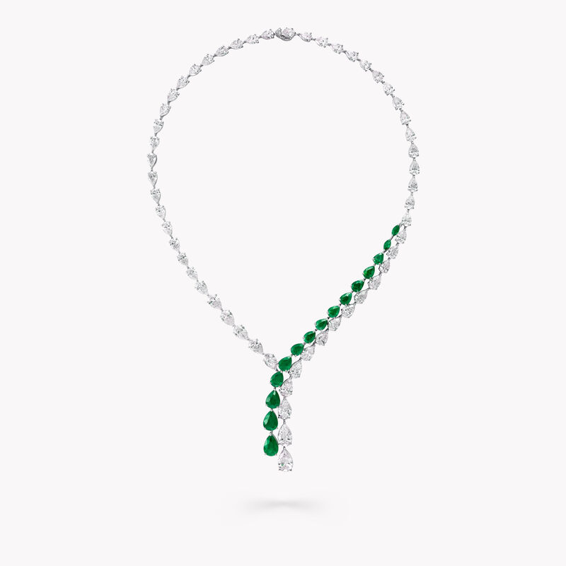 Pear Shape Emerald and Diamond Cross-over Necklace, , hi-res